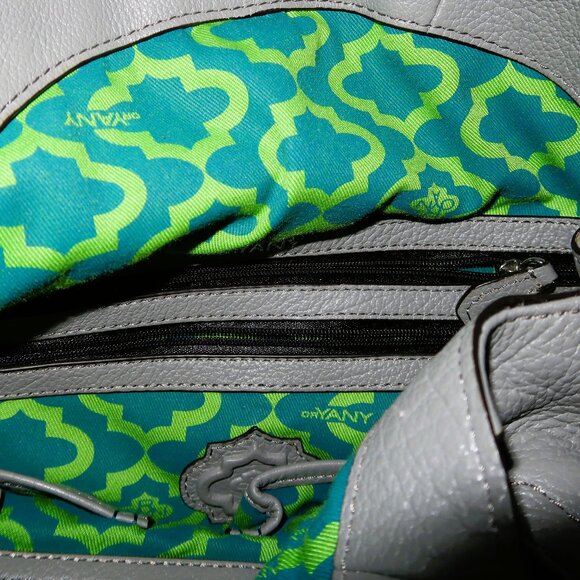 OrYany Leather Cotton Hand Bag Purse Silver Tone Hardware Green Pattern Lining - Picture 11 of 15